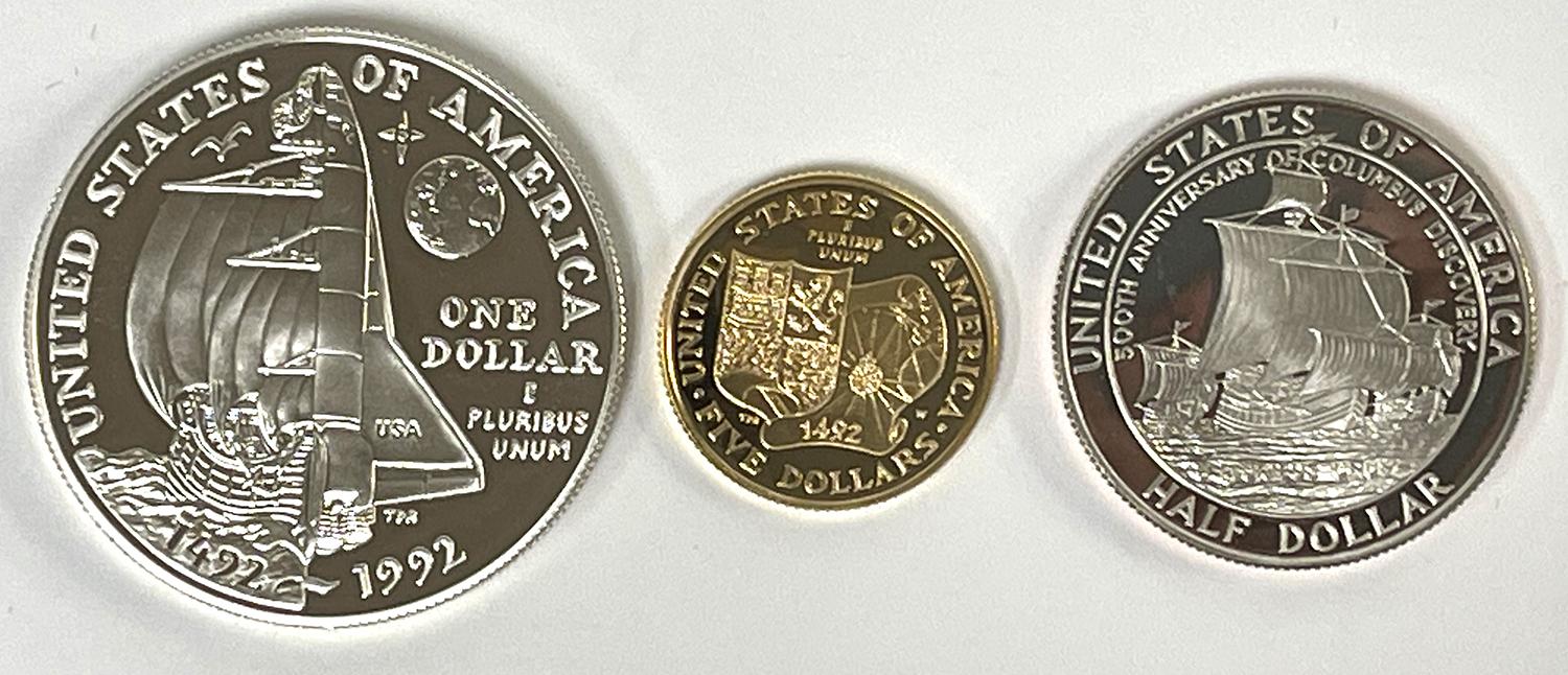 1992 Columbus Quincentenary 3 Coin Proof Set with $5 Gold