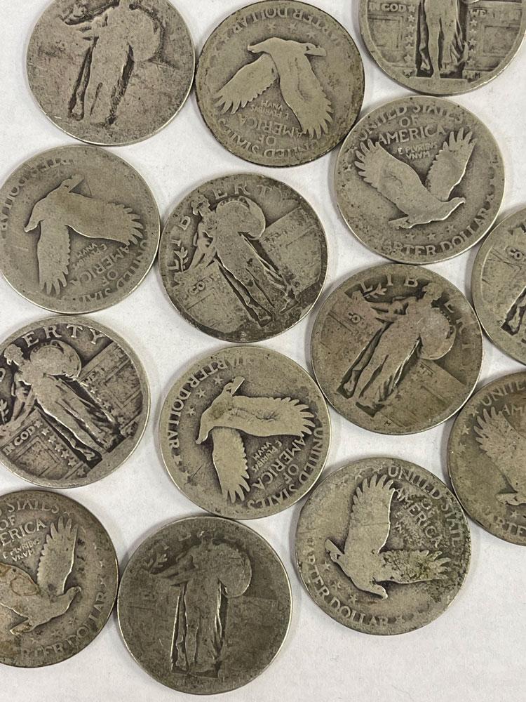 90% US Silver Standing Liberty Quarters 1916-1930 $1 FV Lot of 4 Dateless Low Grade Quarters