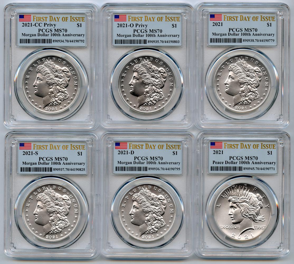 2021 Morgan and Peace Dollar 100th Anniversary 6 Coin Set PCGS MS 70 First Day of Issue