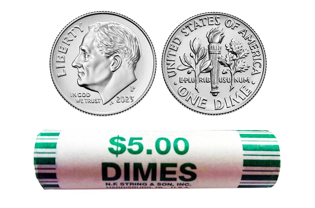 2023-P Roosevelt Dime Bank Wrapped Roll 50 Coins Gem BU