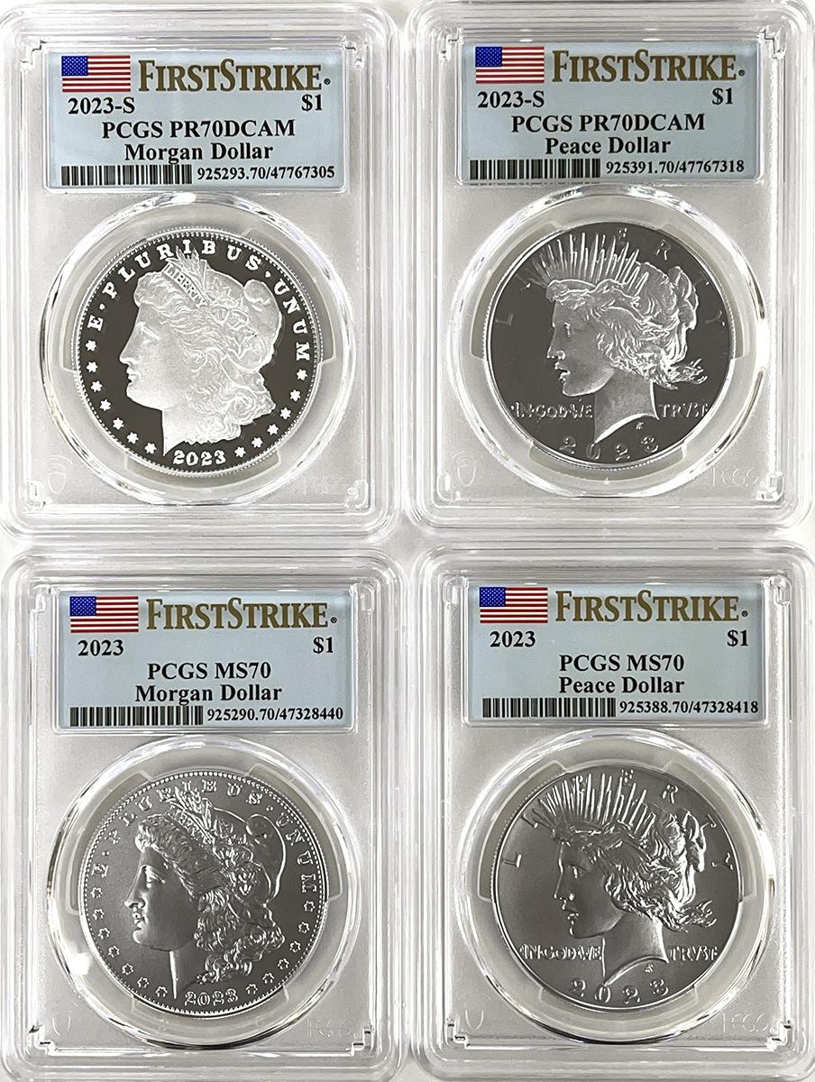 2023 Morgan & Peace Silver Dollar 4 Coin Set in PCGS MS 70 & PR 70 DCAM First Strike