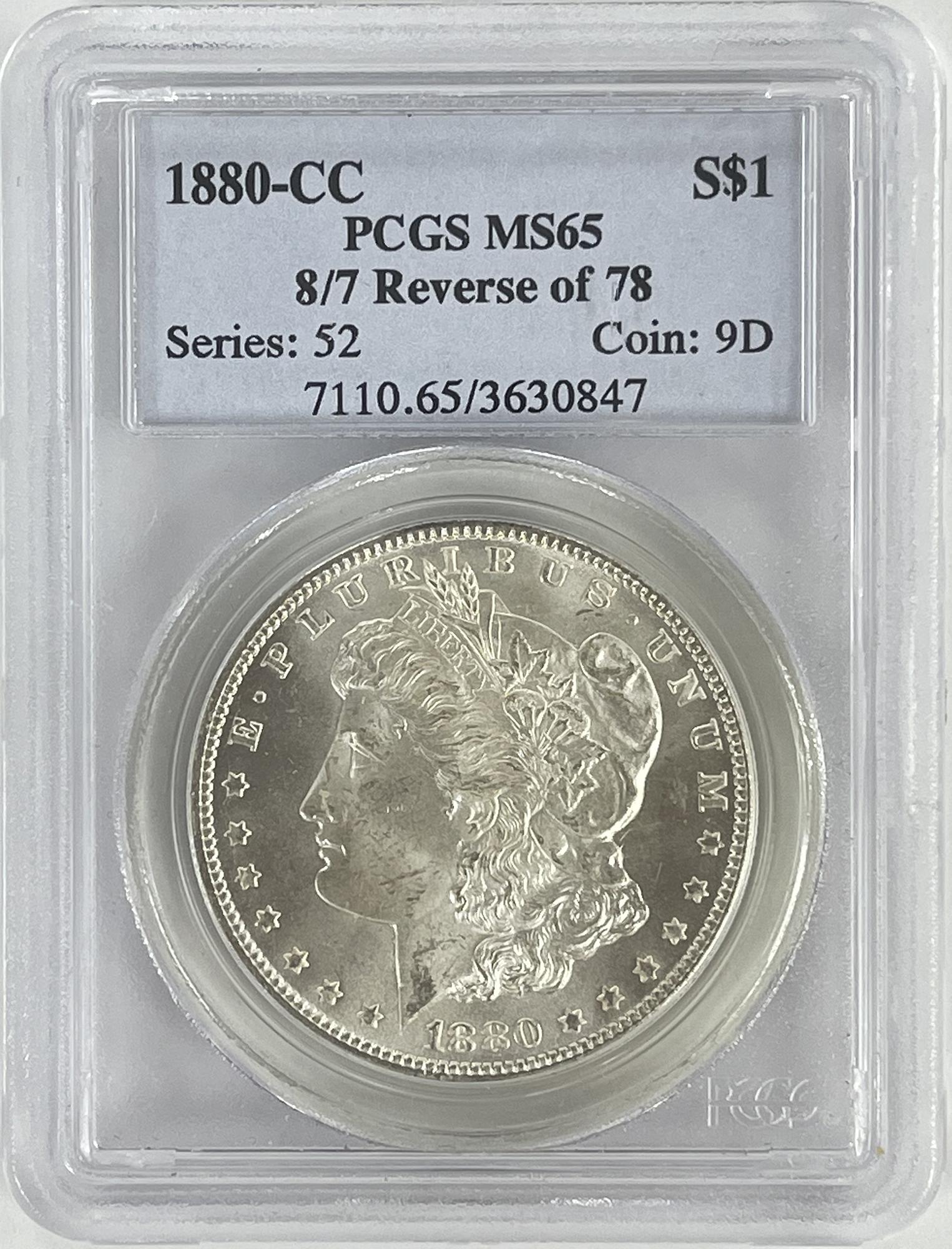 1880-CC 8/7 Reverse of 78 Morgan Silver Dollar in PCGS MS 65 -VAM 7-