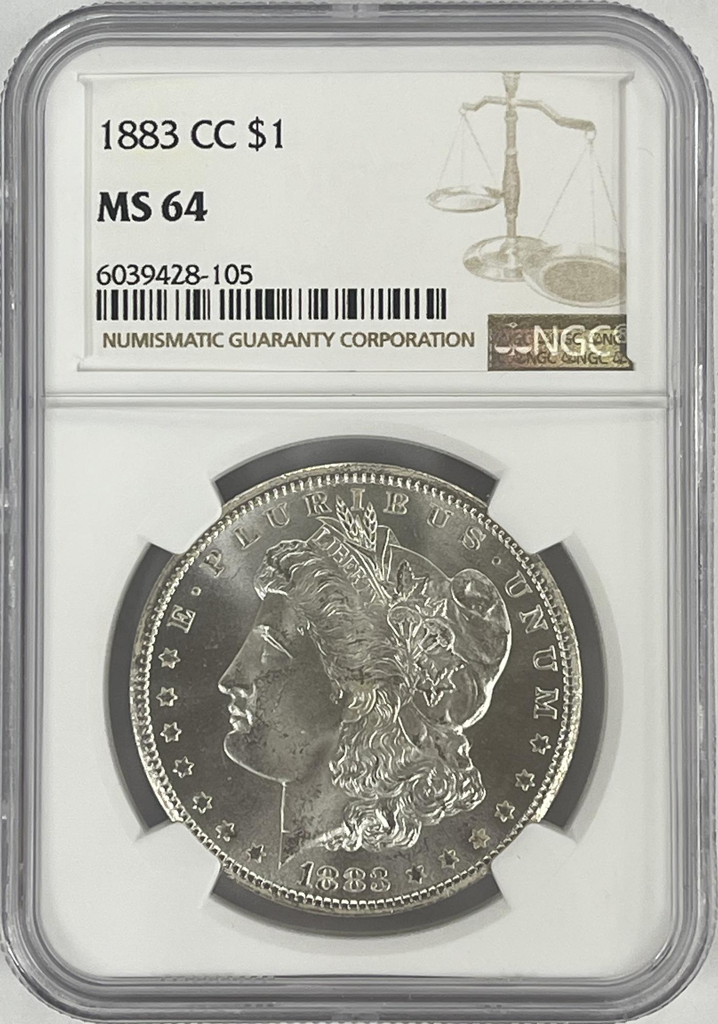 1883-CC Morgan Silver Dollar in NGC MS 64