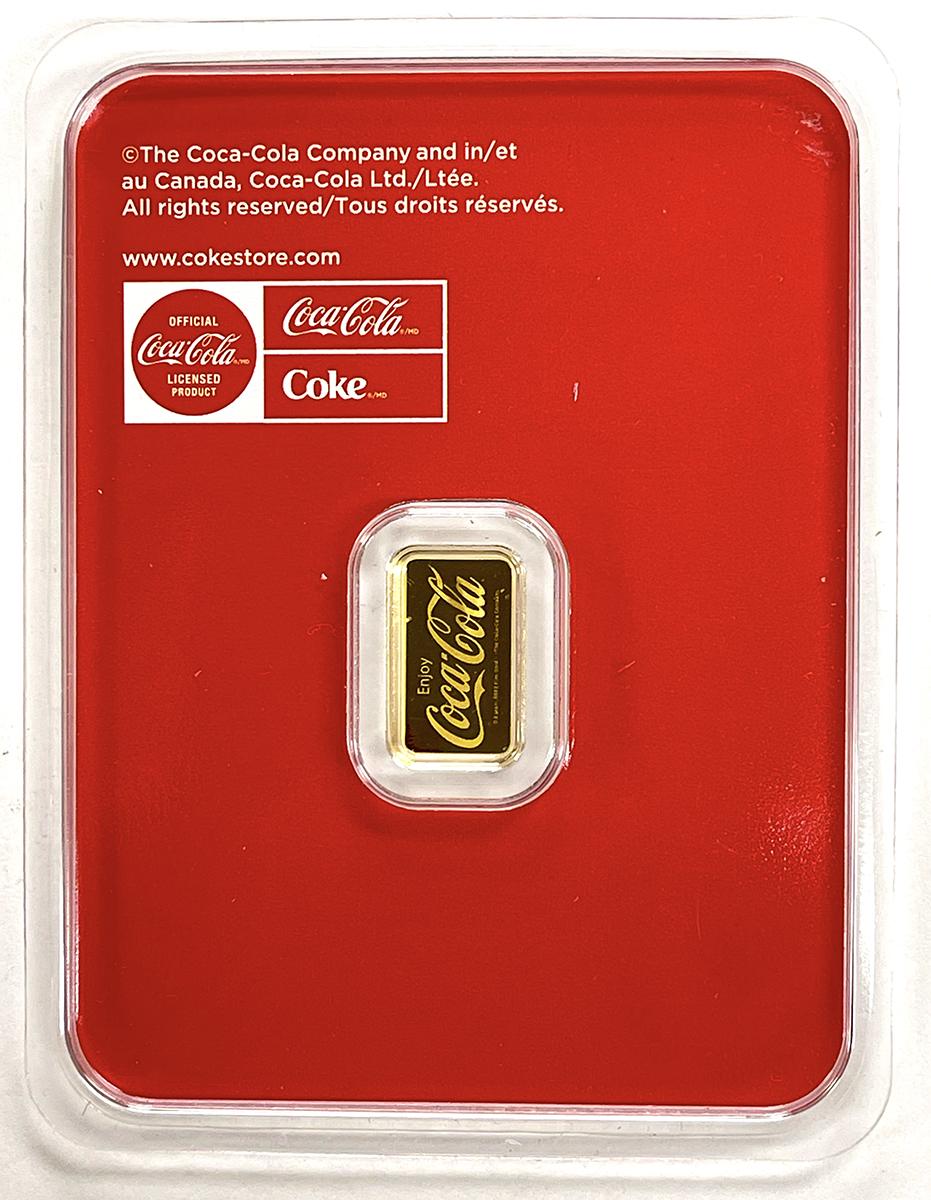 1/2 Gram GOLD Coca Cola Bottle And Logo Bar in Assay Card .9999 Fine