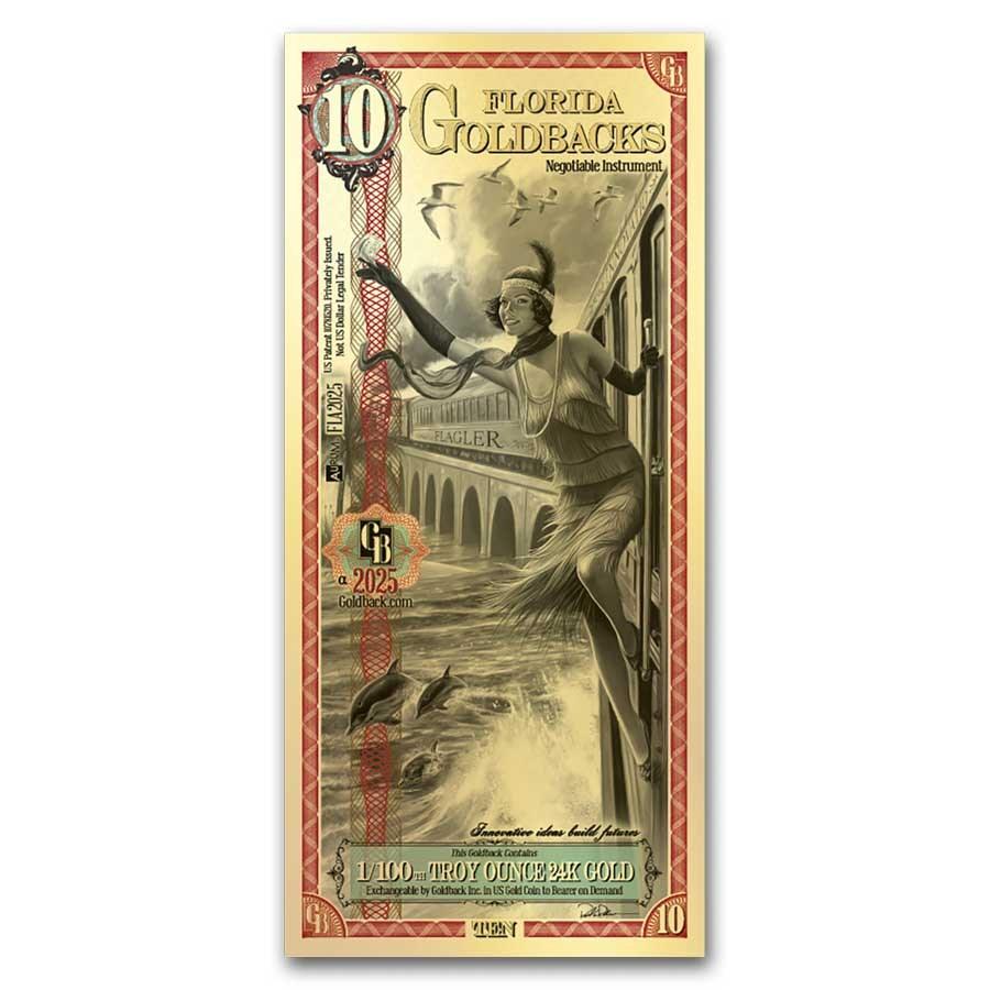 10 Florida Goldback Gold Foil Note 1/100 Troy Oz (24K)
