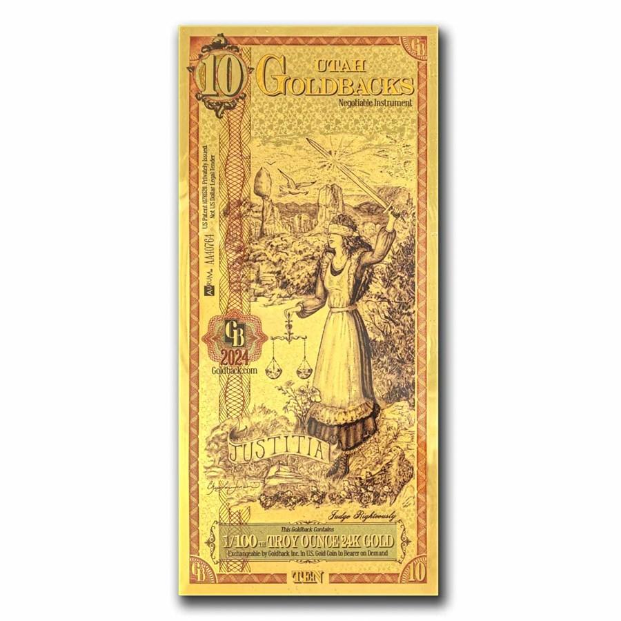 10 Utah Goldback Gold Foil Note 1/100 Troy Oz (24K)
