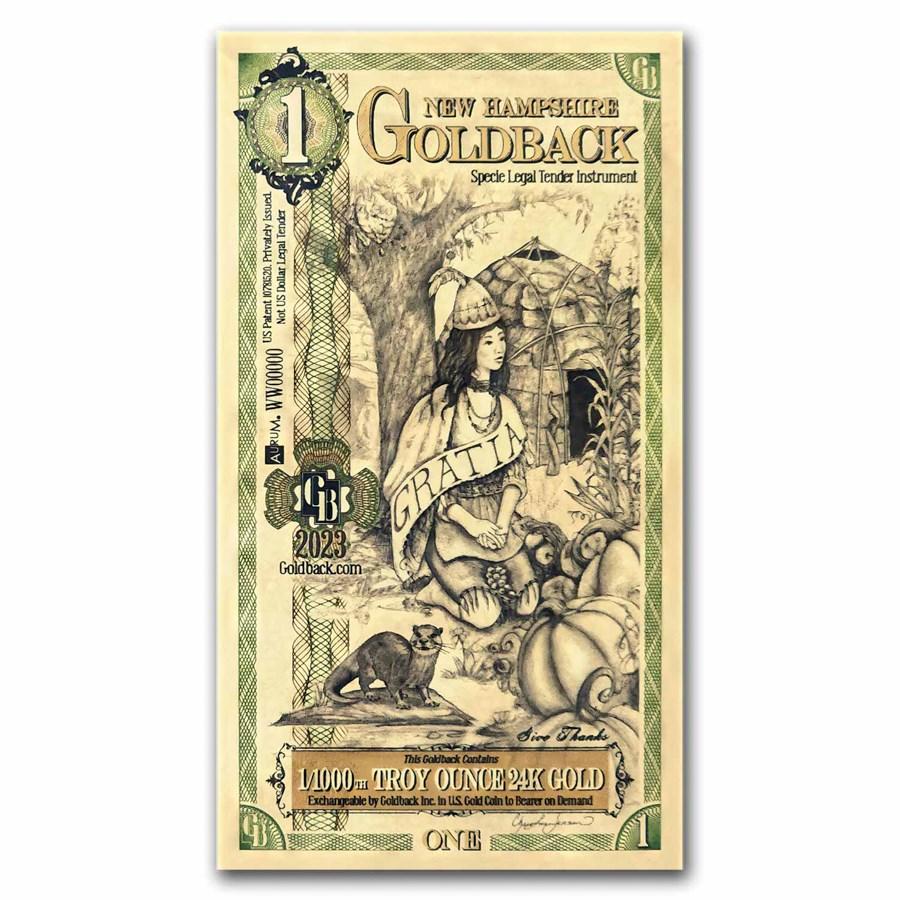 1 New Hampshire Goldback Gold Foil Note 1/1000 Troy Oz (24K)